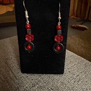 Hand Crafted Cinnabar and Hematite Floral Earrings